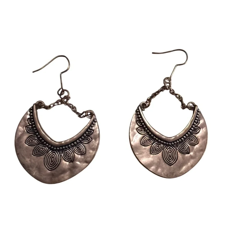 Boho Copper Hammered Crescent Drop Earrings Embossed Floral Dangle Western